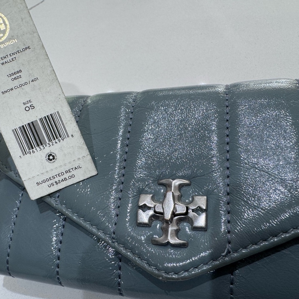 Tory Burch Quilted Envelope Wallet in Blue-Gray with Silver Logo